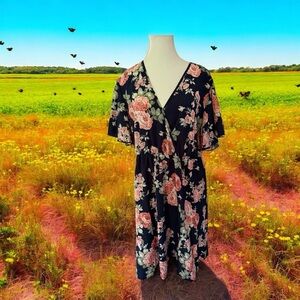 SHEIN Black Pink Flutter Sleeve Wrap Midi Dress